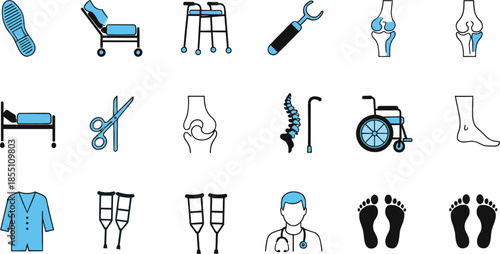 Orthopedic and rehabilitation medical icons set including wheelchair crutches joints spine doctor and mobility aids vector illustration