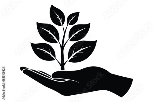 Silhouette Hand Holding Plant On White Background Concept Ecology Icon