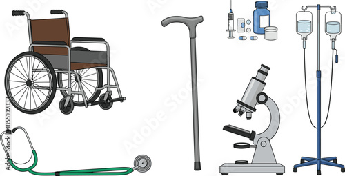 Medical healthcare equipment collection including wheelchair cane microscope stethoscope injection supplies and IV stand vector illustration