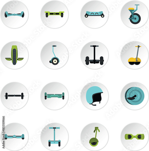 Balancing scooter icons set in flat style