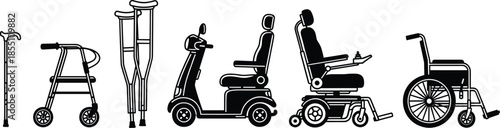Medical mobility aids silhouette collection including cane walker crutches electric scooter wheelchair and power chair vector illustration