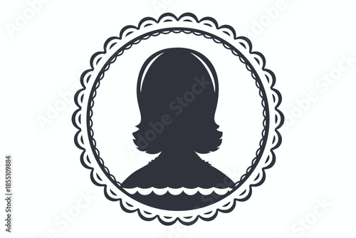 Silhouette profile of a woman inside an ornamented round frame against white background