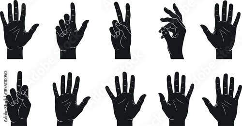 Black and white hand signs showing different finger positions fingers hand gestures