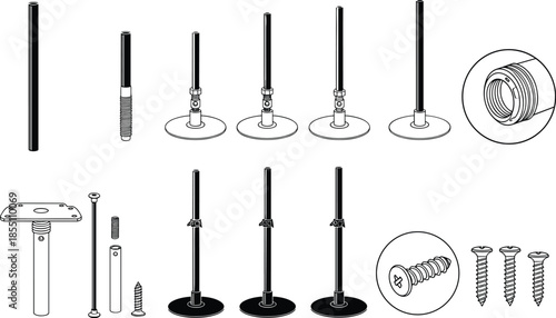 Black and gray metal poles with various components and screws in a technical style