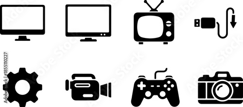 Comprehensive collection of minimalist black silhouette electronic device icons featuring desktop monitors, vintage television, USB charger, gear, video camera, gamepad, and DSLR camera.