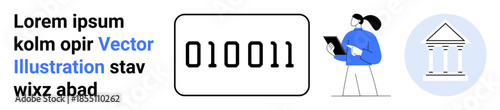 Financial technology, data analysis, coding, digital identity, banking systems, and programming. Binary code, person with a tablet and bank icon. Financial technology and data analysis concepts