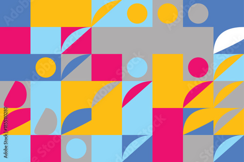 Vibrant geometric pattern with colorful shapes and leaves on blue background