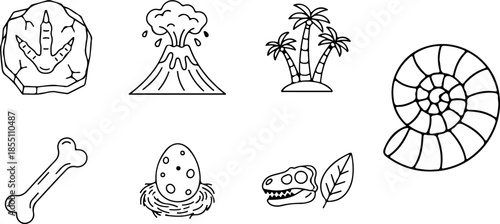 Comprehensive collection of minimalist thin line paleontology icons featuring dinosaur fossils, footprints, prehistoric eggs, volcanic eruptions, ammonite shells, and ancient bones on white background