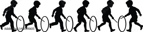 Boy silhouette sequence playing with hoop toy, childhood activity concept, playful motion, vintage game, kid movement, black and white illustration