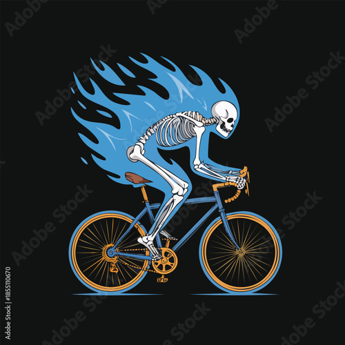 Skeleton Cyclist Braving Flaming Trail On Bike.