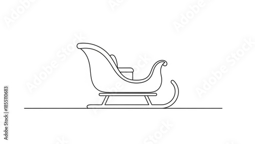 A minimalist line drawing of a traditional sleigh with a curved back and runners on a flat surface