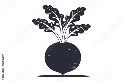 Single Dark Silhouette Turnip with Leaves on White Background