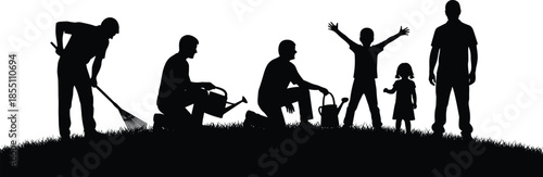 Family silhouettes gardening together with children helping adults, representing teamwork, care, growth, nature connection and healthy outdoor family lifestyle on white background