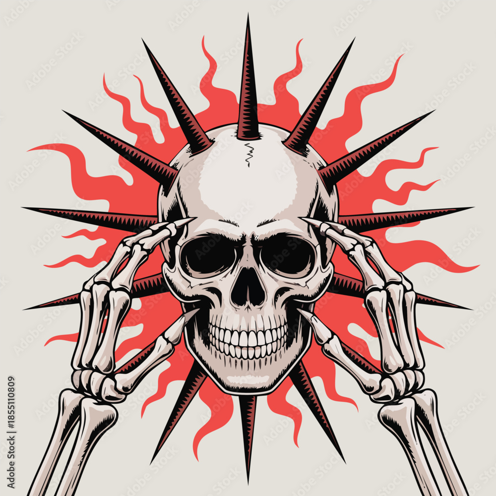 Fototapeta premium Skull surrounded by spikes and fiery rays.
