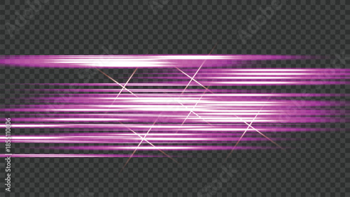 Dynamic purple speed light trails with glowing particles on transparent background