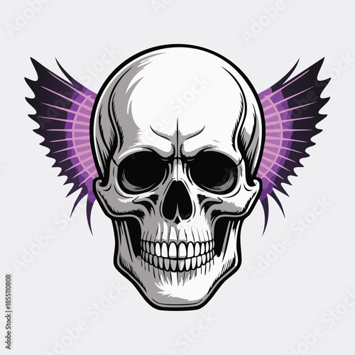 Skull with purple wings graphic illustration.