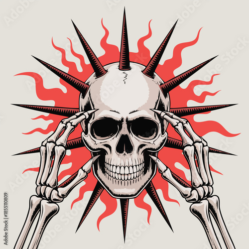 Skull surrounded by spikes and fiery rays.