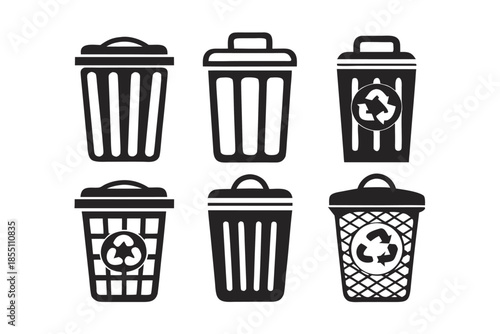 Six black garbage containers show waste and recycling icons in vector