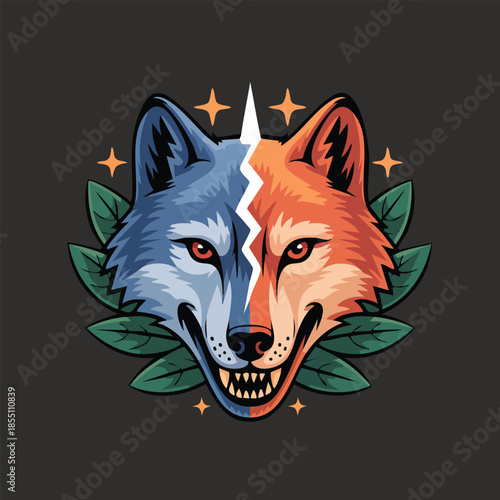 Split Color Fox Head Illustration with Leaves.