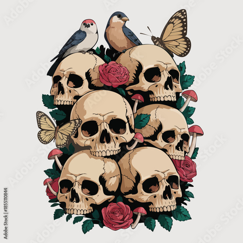 Skulls and flowers arrangement with butterflies.
