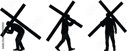 Jesus carrying cross silhouette representing Christian faith, sacrifice, devotion, suffering, redemption and religious spiritual journey on white background illustration concept
