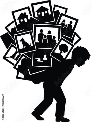 Child silhouette carrying bundle of memories and photos, emotional growth concept, life experiences, childhood memories, nostalgia journey, black and white illustration