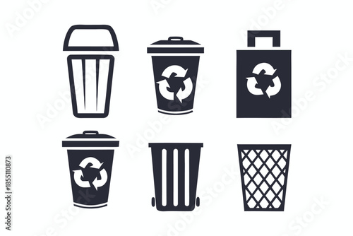 Six black trash and recycle containers appear against a white background