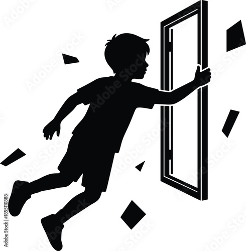 Child silhouette breaking through doorway, new opportunities and freedom concept, courage to move forward, transformation and growth, escaping limits, future possibilities, black illustration