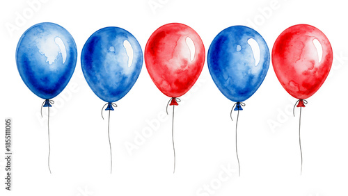 Festive Red and Blue Watercolor Balloons on Transparent Background