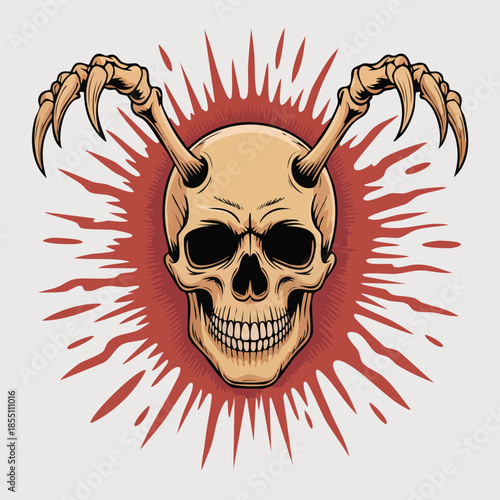 Demonic skull with spiked horns and radiant background.