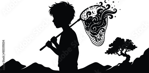 Child silhouette catching dreams with magic net, imagination and creativity concept, fantasy night symbols and stars, poetic monochrome vector illustration
