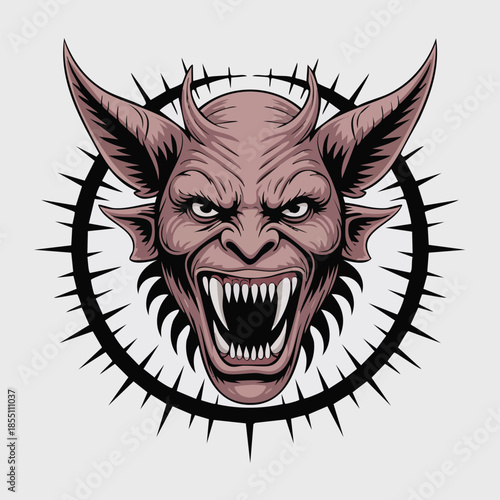 Demonic snarling head with barbed ring around.
