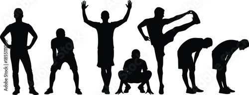 Male silhouettes performing fitness, stretching and exercise poses, representing strength, flexibility, training, wellness and active modern lifestyle on white background