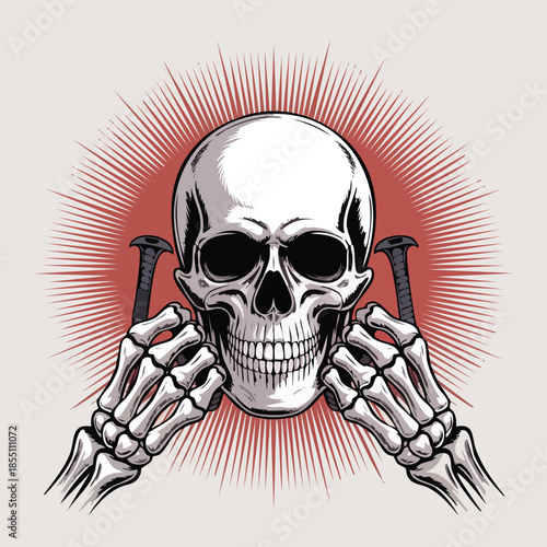 Detailed Skull with Skeletal Hands and Radiant Halo Artwork.