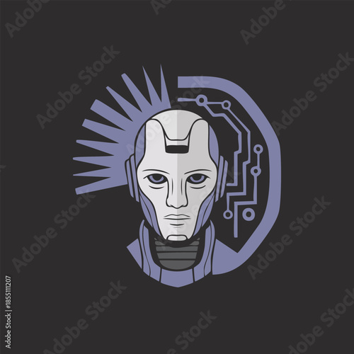Futuristic robot head with circuit design.