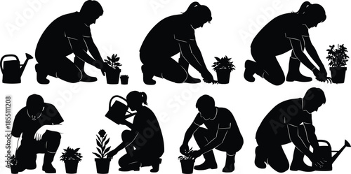 People silhouettes planting and watering flowers in pots, representing gardening activity, home planting, care, growth, nature and peaceful lifestyle on white background