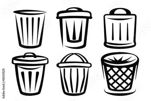 Six trash can icons show different shapes and styles in black