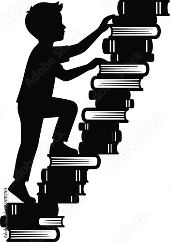 Child silhouette climbing staircase made of books, education growth concept, learning journey, knowledge development, academic success, black and white illustration