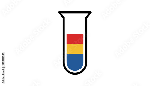 Graduated cylinder with layered colorful liquid inside on white background
