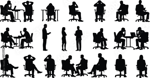 Office people silhouettes working, thinking, meeting and collaborating at desks, representing business stress, productivity, communication and modern professional workplace routines