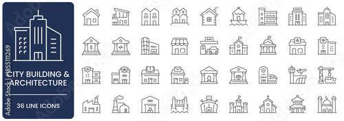 City Building and Architecture Line Icon Set with , Editable Stroke. Collection of house, bank, school, hospital, factory, shop, real estate, government, hotel, skyscraper, and construction symbols.