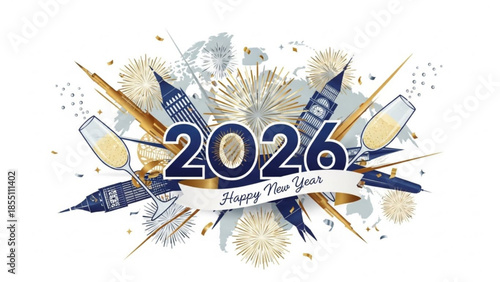 Happy New Year 2026 celebration with London landmarks champagne and fireworks festive greeting design for holidays