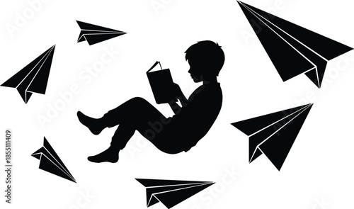 Child silhouette floating while reading book among paper airplanes, imagination and learning concept, freedom of thought, creativity, childhood dreams, storytelling journey, black illustration