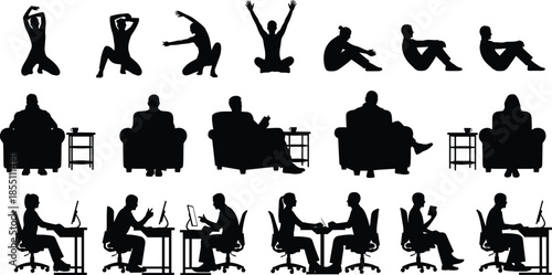 People silhouettes showing yoga poses, relaxation, sitting, working on computers and office activities representing lifestyle, wellness, productivity and daily routines on white background