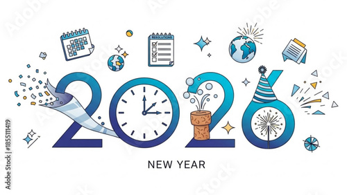 Happy New Year 2020 concept with clock calendar icons and party elements celebrating the start of a new year