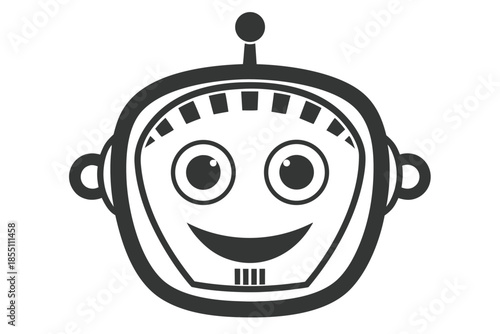 Smiling robot head has antenna and helmet isolated on white transparent background