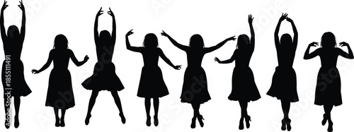Women silhouettes dancing and jumping joyfully together, expressing freedom, happiness, fashion, movement, celebration and energetic modern lifestyle on white background