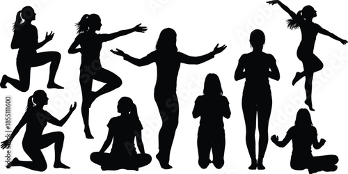 Women silhouettes dancing, praying, stretching and celebrating emotions, symbolizing freedom, faith, movement, joy and expressive modern feminine lifestyle on white background