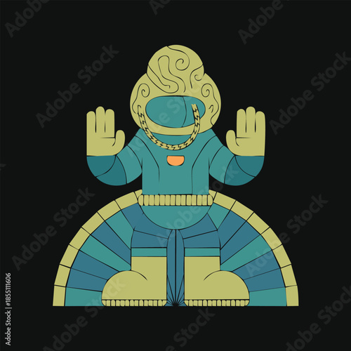 Mythic blue statue deity with raised hands.