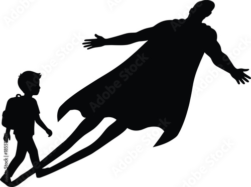 Child silhouette following flying superhero shadow, inspiration and role model concept, childhood dreams, imagination and ambition, future aspirations, hope and courage, black and white illustration